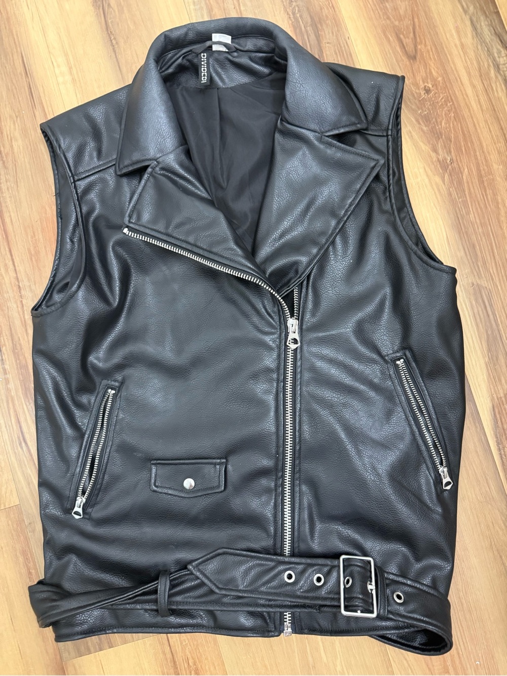 H&M Black Faux Leather Moto Vest with Silver Zippers and Belt